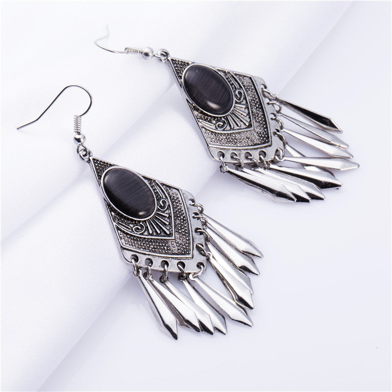 Grey-Blue Opal Antique Silver Ethnic Tassels Earring - [neshe.in]