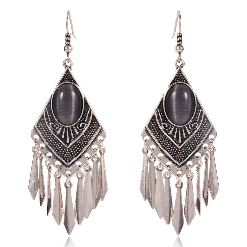 Grey-Blue Opal Antique Silver Ethnic Tassels Earring - [neshe.in]