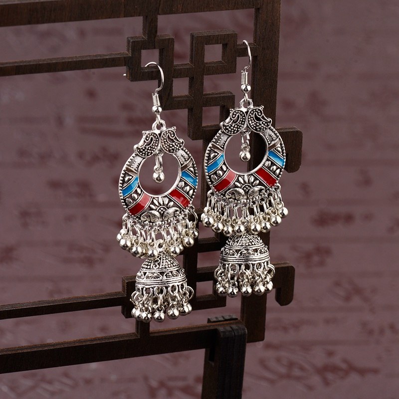 Ethnic Egyptian Silver Alloy Tassel Colorful Jhumka Earrings - [neshe.in]