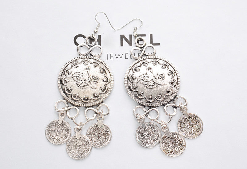 Big Silver Vintage Ethnic Tibet Long Coin Tassels Drop Earrings - [neshe.in]