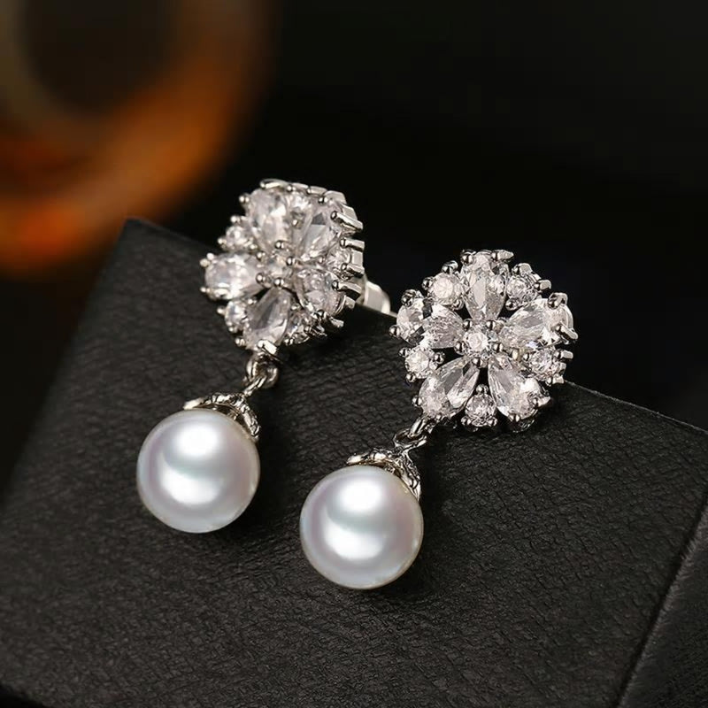 Pearl Drop CZ Crystal Drop Earrings - [neshe.in]