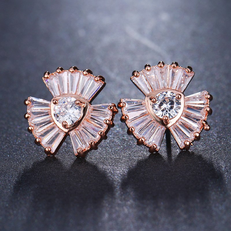 CZ Crystal Fan Shape Small Stud Earrings - 3 Colors - [neshe.in]