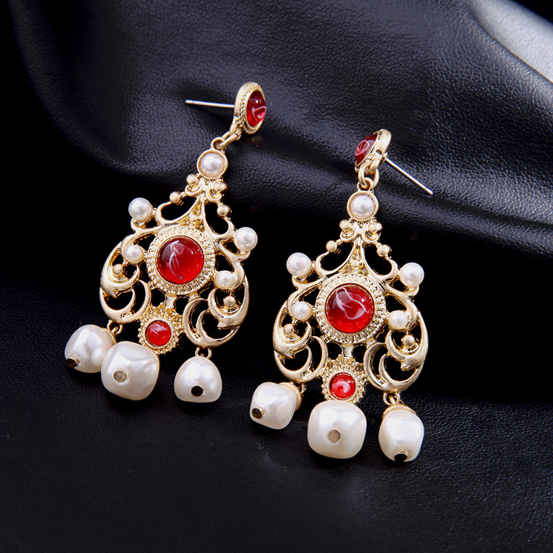 Ethnic Red Crystal & Pearl Golden Drop Earring - [neshe.in]