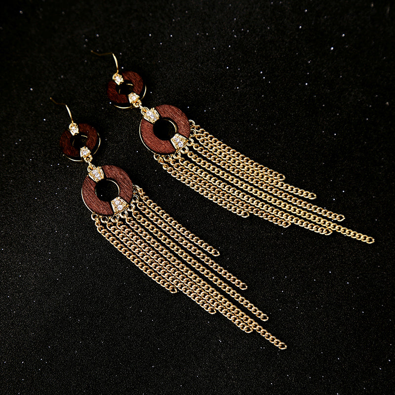 Metal Tassel Wood Hoops Long Statement Drop Earrings - [neshe.in]