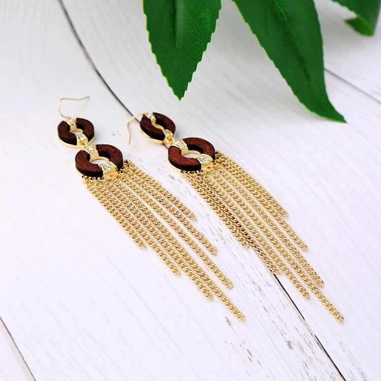 Metal Tassel Wood Hoops Long Statement Drop Earrings - [neshe.in]