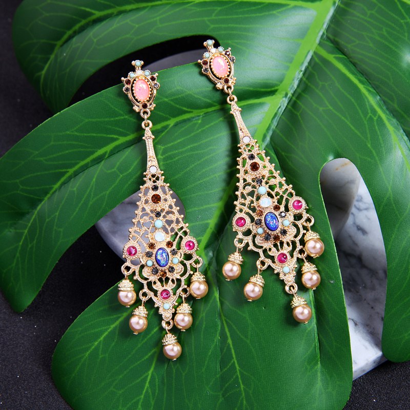 Ethnic Simulated Pearl Indian Long Chandelier Earring - [neshe.in]