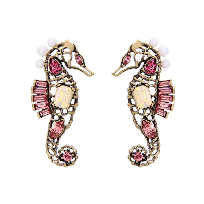 Pink Crystal Pearl Seahorse Drop Stud Earring - [neshe.in]