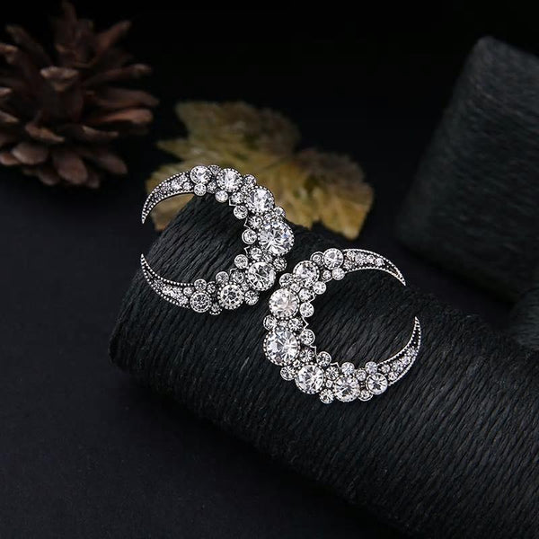 Crystal Crescent Moon Stud Earring -2 Colors - [neshe.in]