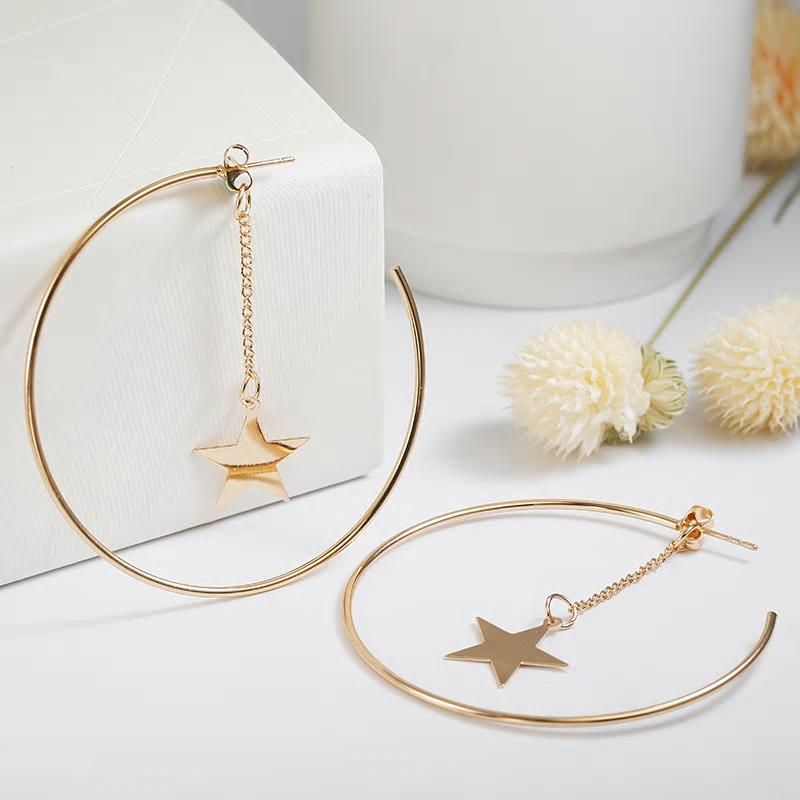 Golden Star Tassel Drop Geometric Round Hoop Earrings - [neshe.in]