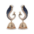 Ethnic Gold Pearl Blue Peacock Jhumka Drop Earrings - [neshe.in]