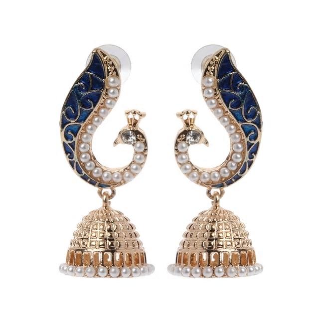 Ethnic Gold Pearl Blue Peacock Jhumka Drop Earrings - [neshe.in]