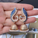 Ethnic Gold Pearl Blue Peacock Jhumka Drop Earrings - [neshe.in]