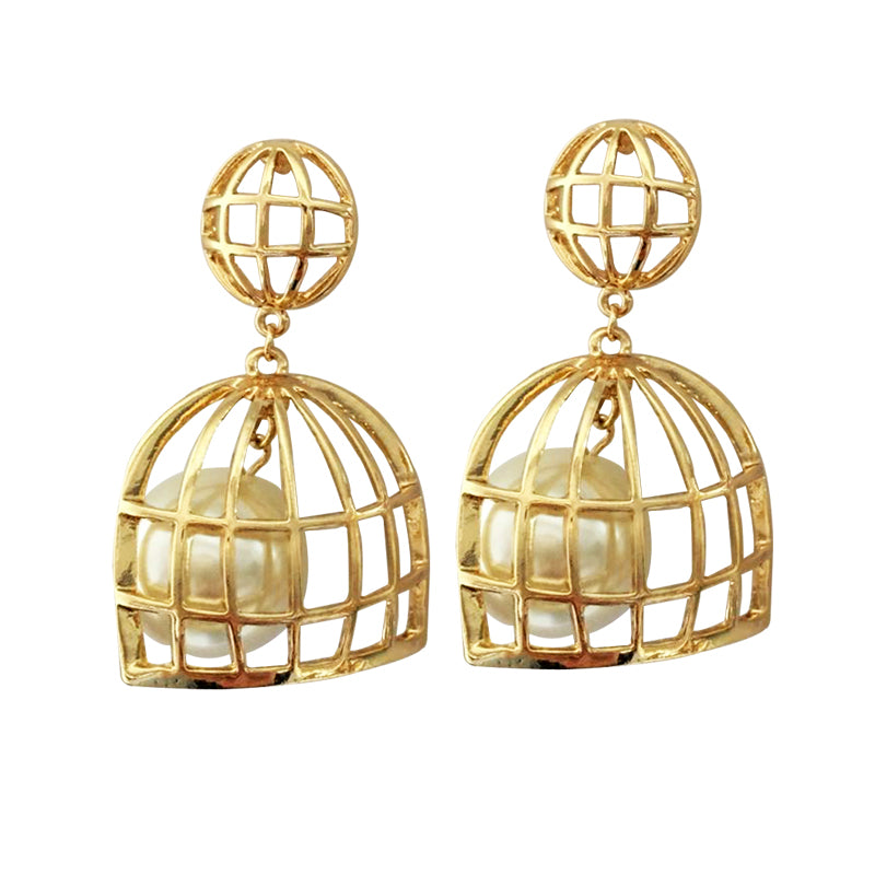 Hollow Geometric Fashion Pearl Drop  Cage Earrings - [neshe.in]