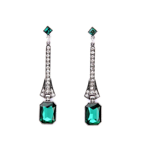 Shiny Green Crystals Long Dangle Earrings - [neshe.in]