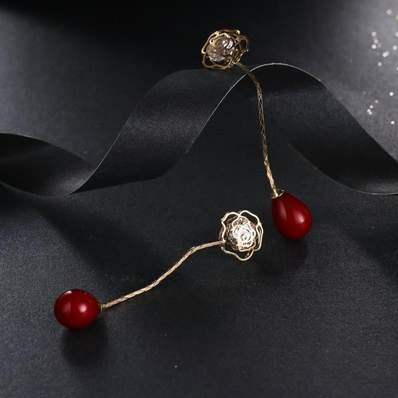 Rose Gold Flower CZ Crystals & Red Pearl Drop Earrings - [neshe.in]