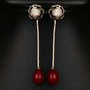 Rose Gold Flower CZ Crystals & Red Pearl Drop Earrings - [neshe.in]