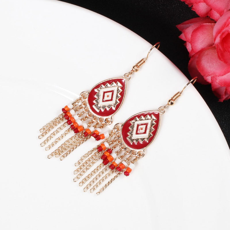 Bohemian Red Enamel Geometric Design Tassel Drop Earring - [neshe.in]