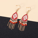 Bohemian Red Enamel Geometric Design Tassel Drop Earring - [neshe.in]