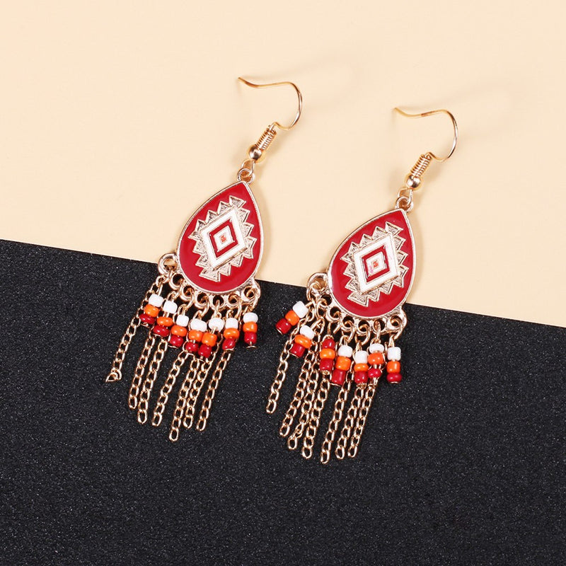 Bohemian Red Enamel Geometric Design Tassel Drop Earring - [neshe.in]