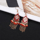 Bohemian Red Enamel Geometric Design Tassel Drop Earring - [neshe.in]