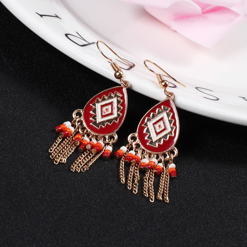 Bohemian Red Enamel Geometric Design Tassel Drop Earring - [neshe.in]