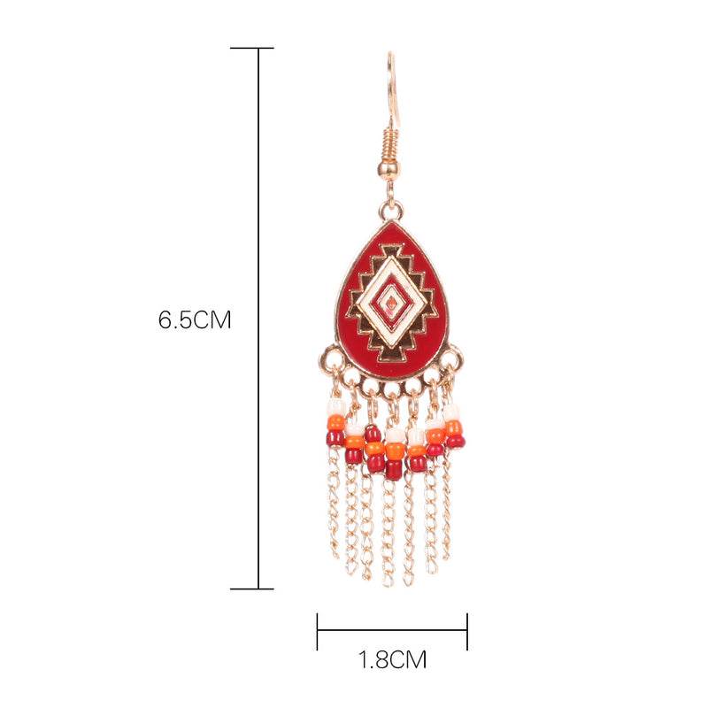 Bohemian Red Enamel Geometric Design Tassel Drop Earring - [neshe.in]