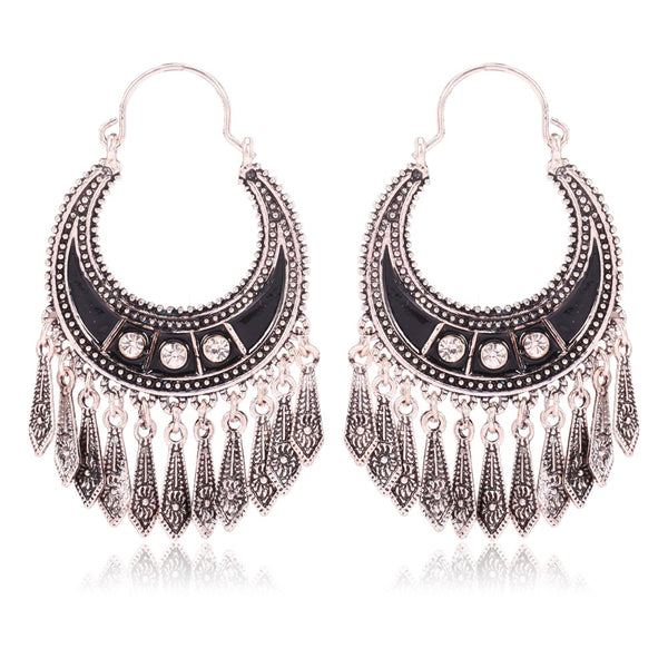 Ethnic Silver Drops Crystal Enamel Hoop Earrings - [neshe.in]