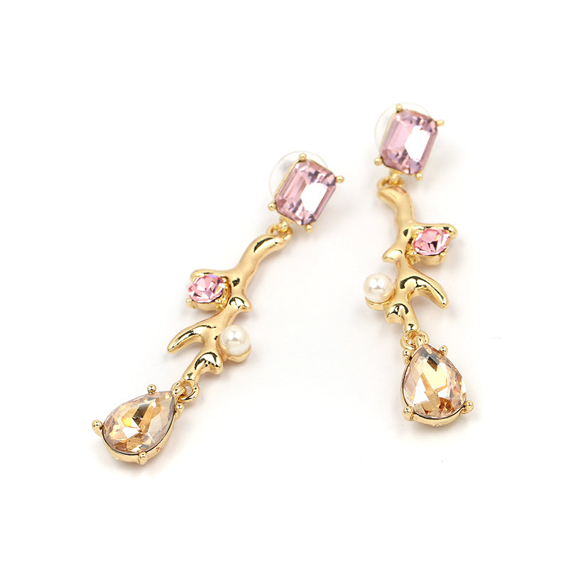 Long Pink Crystal Water Drop Statement Dangle Earrings - [neshe.in]