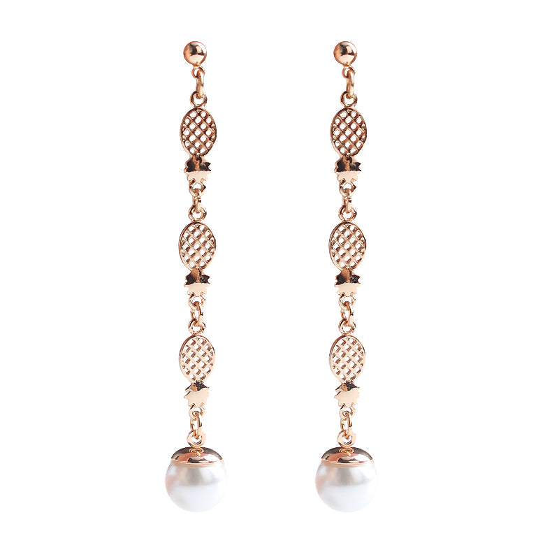 Simulated Pearl Long Gold Color Pineapple Drop Dangle Earrings - [neshe.in]