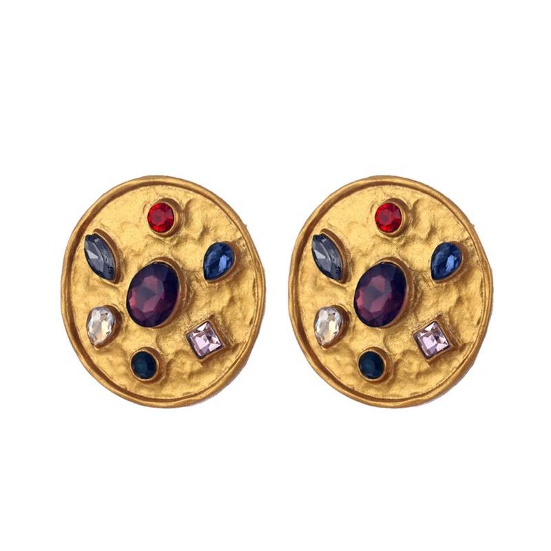 Vintage Golden Round Multicolor Crystals Stud Earrings - [neshe.in]