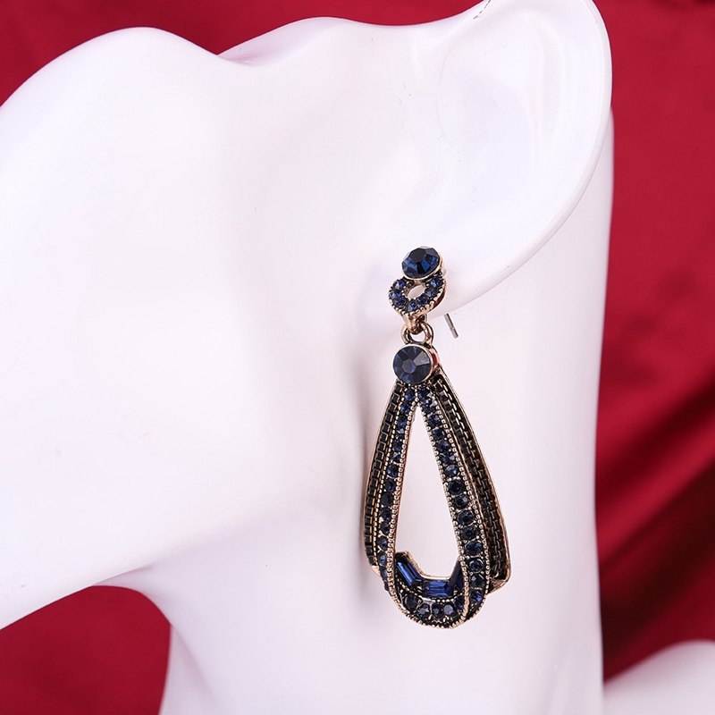 Exaggerated Geometric Blue Crystal Golden Hoop Earrings - [neshe.in]
