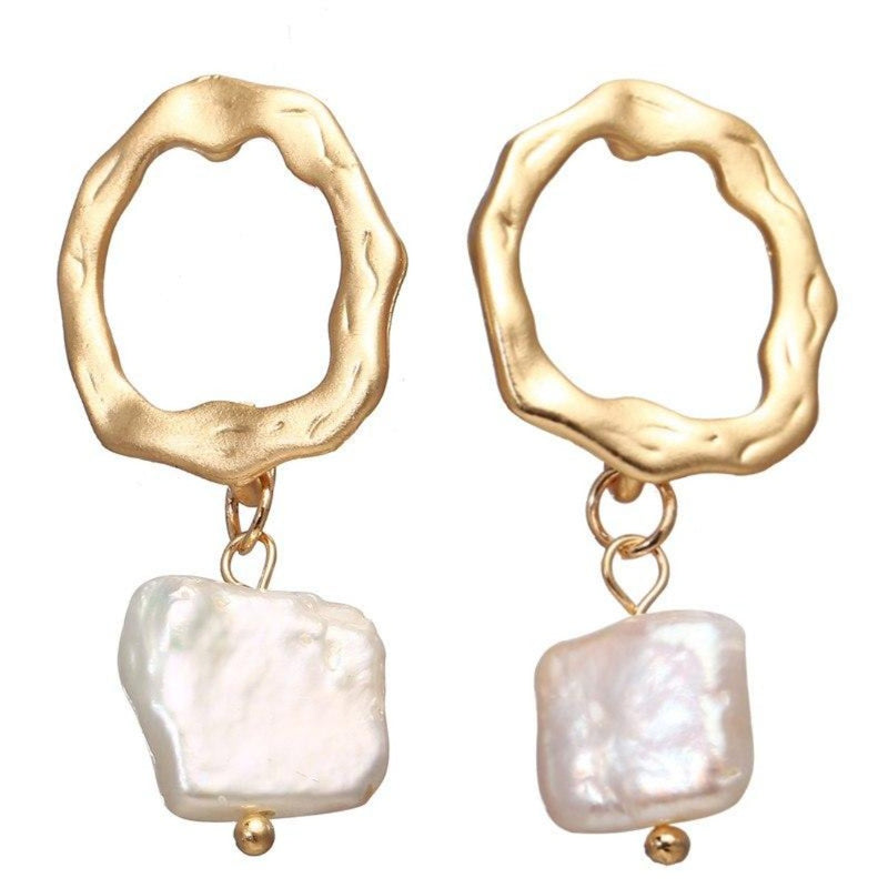 Irregular Geometric Pearl Drop Gold Matt Earring -2 Shape - [neshe.in]