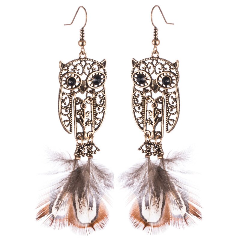 Metal Owl Styled Feather Earring - [neshe.in]