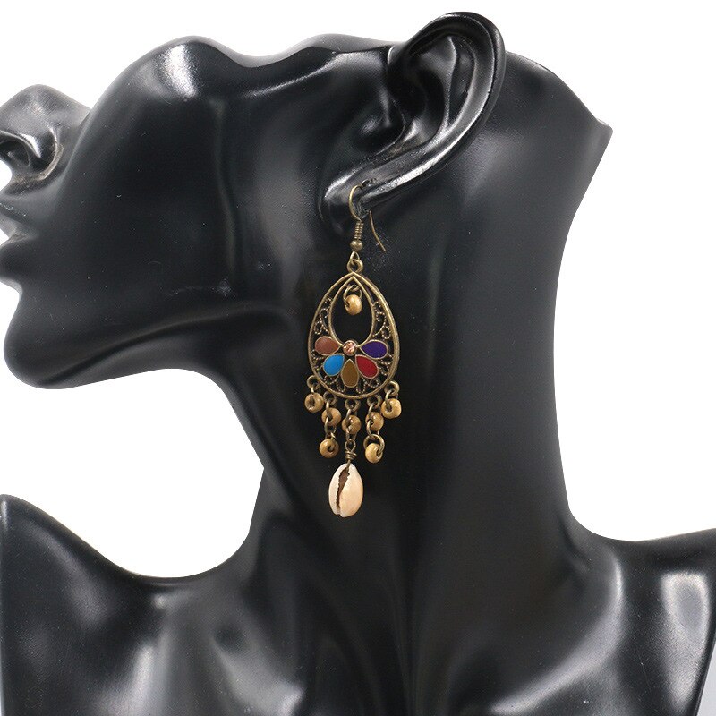 Vintage Ethnic Hanging Dangle Drop Earrings with Wood Beads Shell - [neshe.in]
