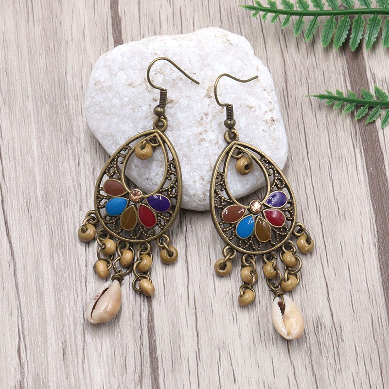 Vintage Ethnic Hanging Dangle Drop Earrings with Wood Beads Shell - [neshe.in]