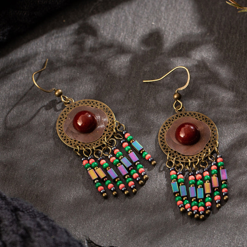 ethnic ant. bronze red stone beads drop earring