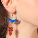 Blue Enamel Bird Red Beads Dangle Drop Earring - [neshe.in]