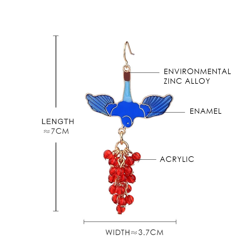 Blue Enamel Bird Red Beads Dangle Drop Earring - [neshe.in]