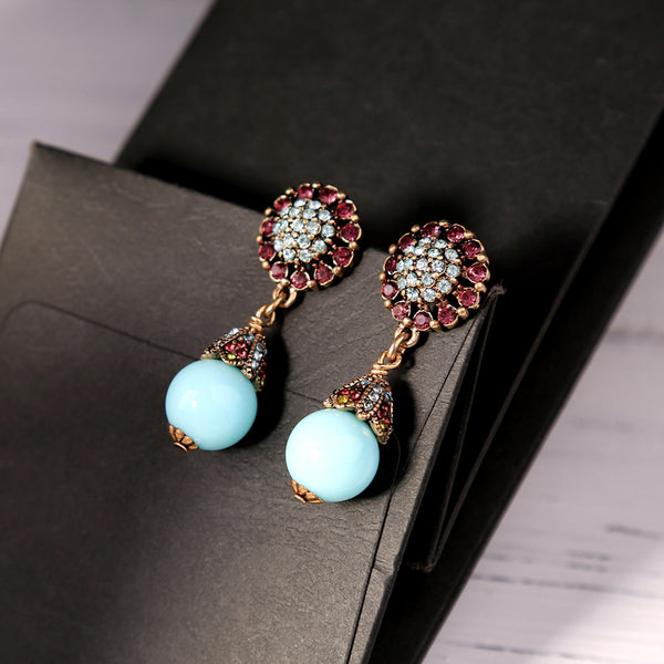 Blue Acrylic Bead Crystal Flower Earrings - [neshe.in]