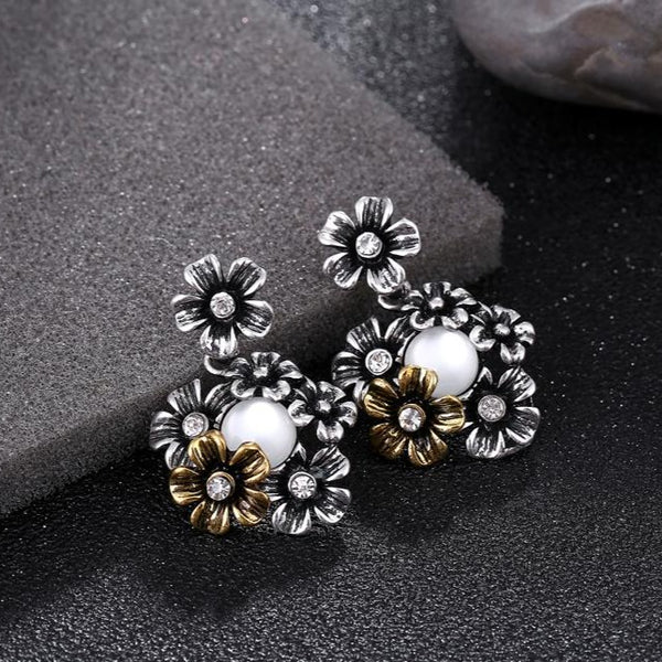 Vintage Pearl Classic Silver Gold Flower Earrings - [neshe.in]
