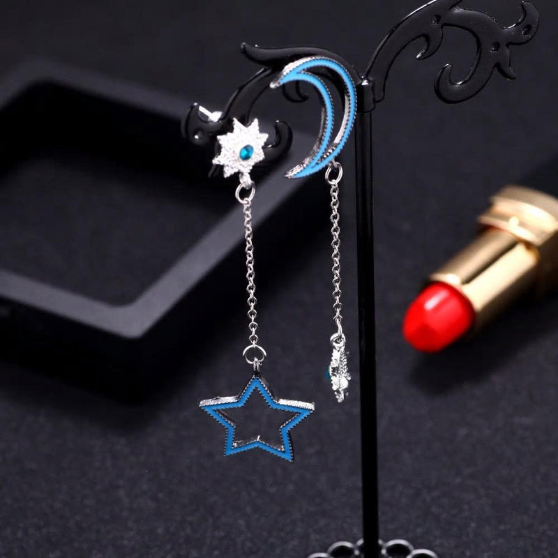 Stylish Blue Moon Star Silver Drop Earrings - [neshe.in]