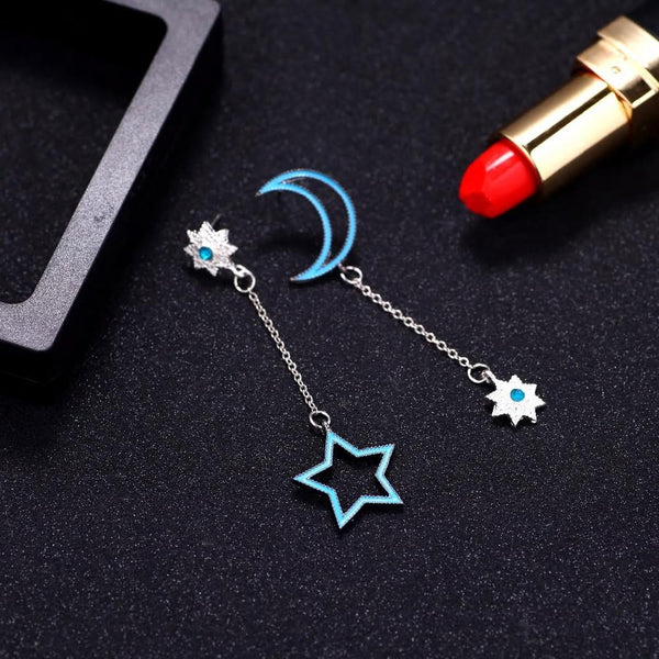 Stylish Blue Moon Star Silver Drop Earrings - [neshe.in]