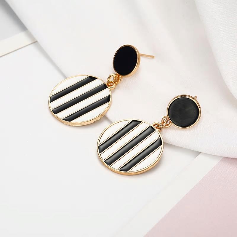 Black & White Stripes Round Golden Drop Earrings - [neshe.in]