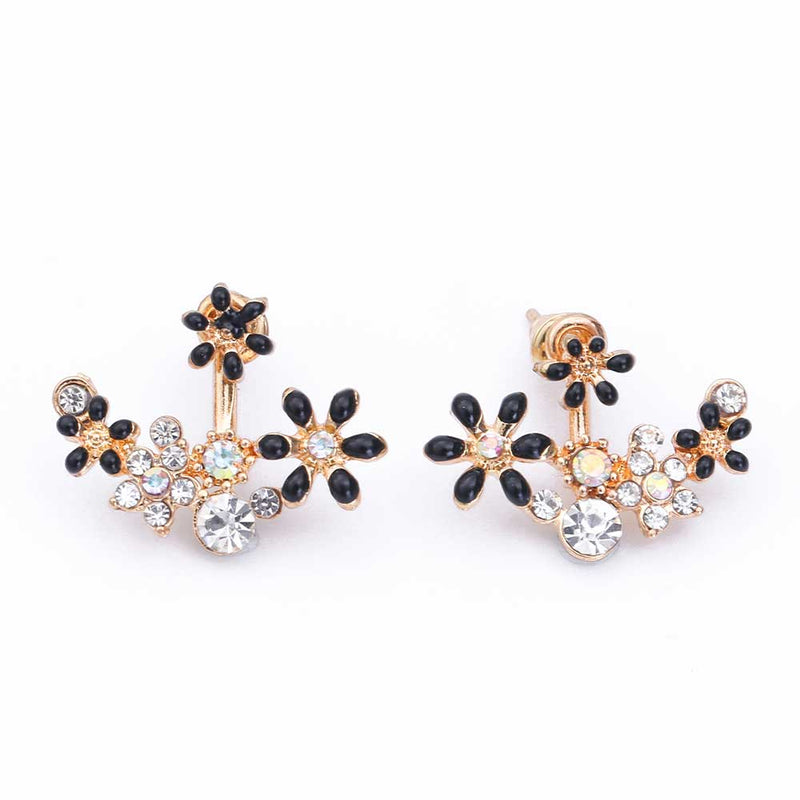 Enamel Flowers & Crystal Ear Jacket Style Stud Earrings - 3 Colors - [neshe.in]