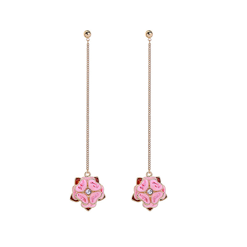 Elegant Pink Enamel Flower Long Dangle Korean Earrings - [neshe.in]