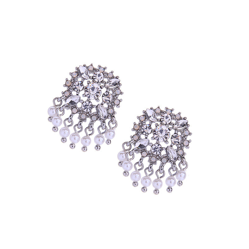 Trendy Crystal Flower & White Pearls Stud Earrings - [neshe.in]