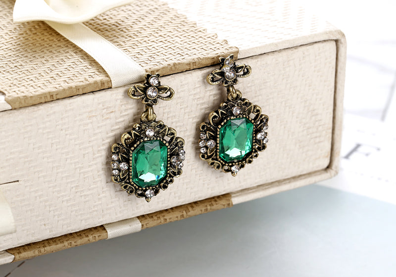 Vintage Green Crystal Drop Earrings - [neshe.in]