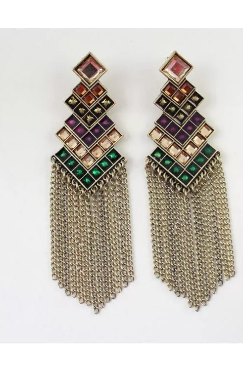 Golden Multi  Colour Long Tassel Earrings - [neshe.in]