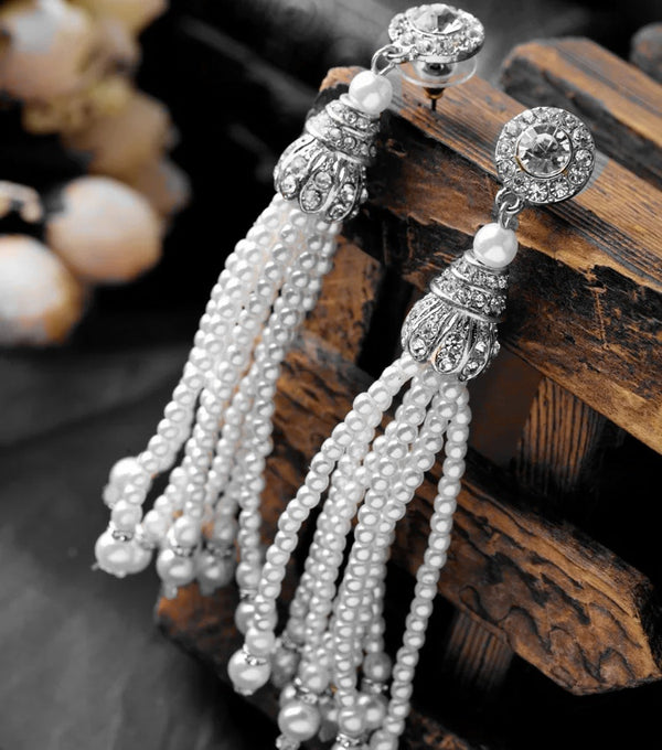 Antique Silver Pearls Tassel Dangle Drop Earrings