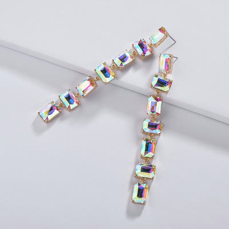 Shining Geometric Glass Crystals Long Dangle Drop Earrings